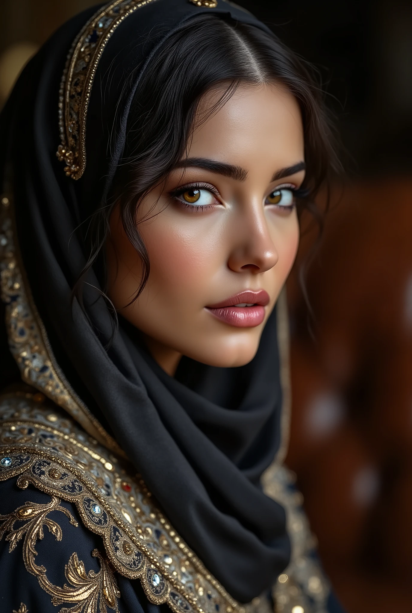 muslim woman, beautiful, original, realistic, sharp, cluster, hijab, leather and satin
