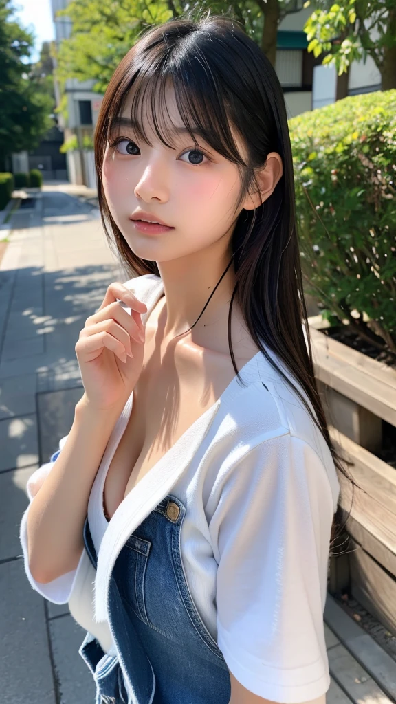 in 8K，photos realistic (1 Cute Korean Idol ) low-tied long hair, Thin makeup, Medium chest size, Close-up portrait, nffsw、Punk Girl、Pendants,breasts deep cleavage、FULL BODYSHOT、beauty legs、Beautiful legs、16-year-old ,(Super beautiful girl:1.5)、(A detailed face)、Adult face、Bare legs, thighs、a closeup、full body Esbian、Nasty eyes、((Random sexy poses:1.5)),((full shot:1.5)),((beautiful skin:1.5)) ,,((School uniform:1.5)),((Around town))