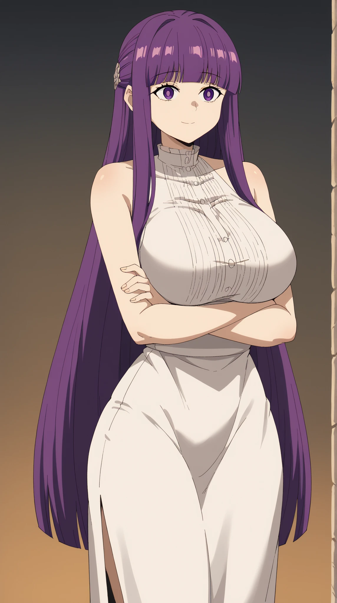 Asuna yuuki,sao anime style asuna \(sao\), 1girl, brown eyes, bright purple hair,Big breast,Fake big breast,Sculpted calves,Wide hips,Big ass,Tight tights,scoop Cleavage, Skindentation,Long thick Wavy hair,tank top with cleavage,mono color outfit,vertical hoop earring,Dog tag necklace,multistrand necklace,((Solo)),((1girl)),Mature,Curvy figure,Swaying hips,Heels,Confident walk,eyelash,Bare leg,Light blush,Thick lips,Half eyes open expression,Calm expression,Red light district,Blunt bang hair,Body facing viewer,High quality,tattoo with image of Laughing coffin mark,laughing coffin guild,Bright purple hair,Lowrise jeans,Open navel,Symetrical bang,Standing,1hand in hips,Tanned skin,Colorless lips,Thick lips