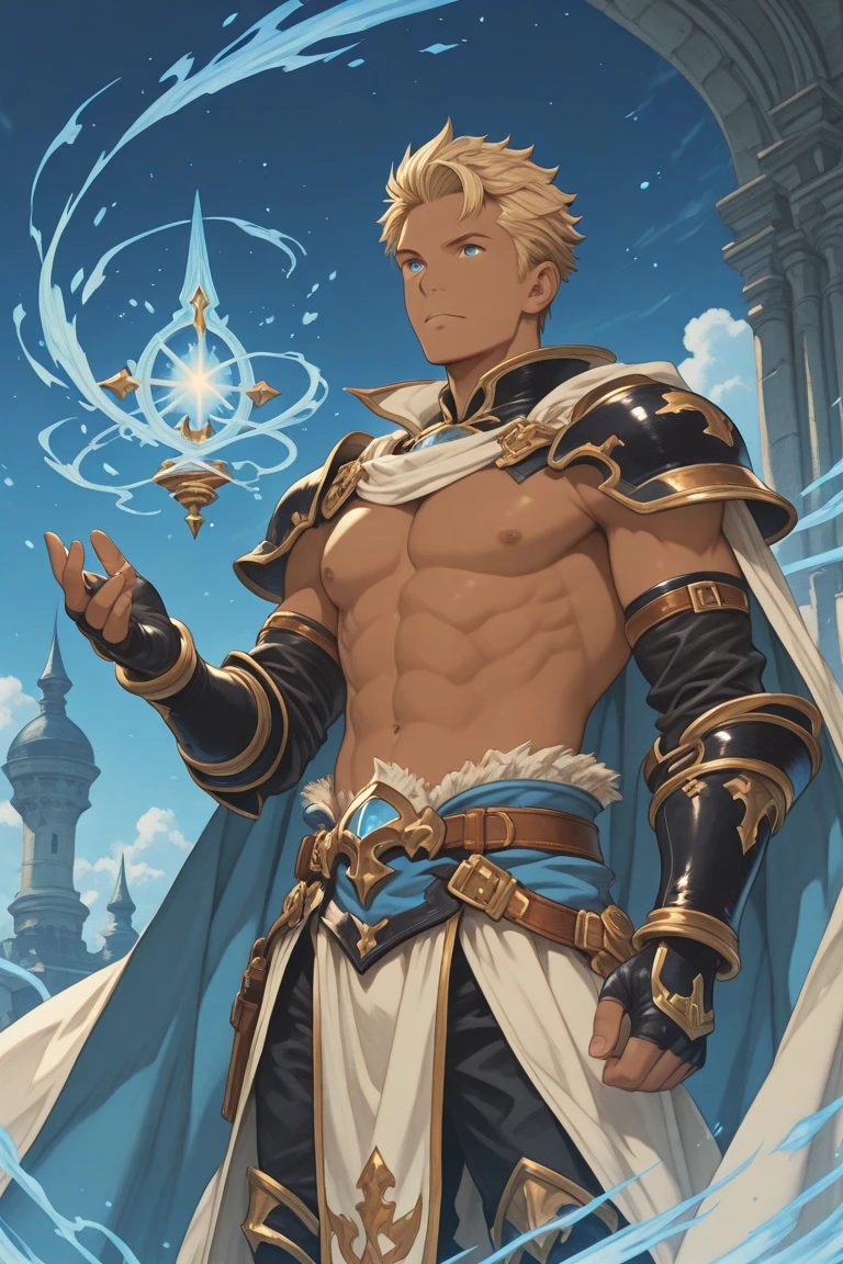 In the realm of radiance and enlightenment, the Prince of Light, with a golden aura emanating from his blonde hair and fair complexion, stands majestically against a backdrop of ethereal, shimmering landscapes. With his piercing blue eyes and chiseled features, his hyperdetailed face is a testament to the unwavering beauty and power he holds. His clothing is flowing and regal, adorned with intricate gold trims and studs. The sun gently kisses his skin, revealing the delicate, ultra-detailed texture of his well-sculpted body. The subtle stubble on his face adds a matured, masculine charm to