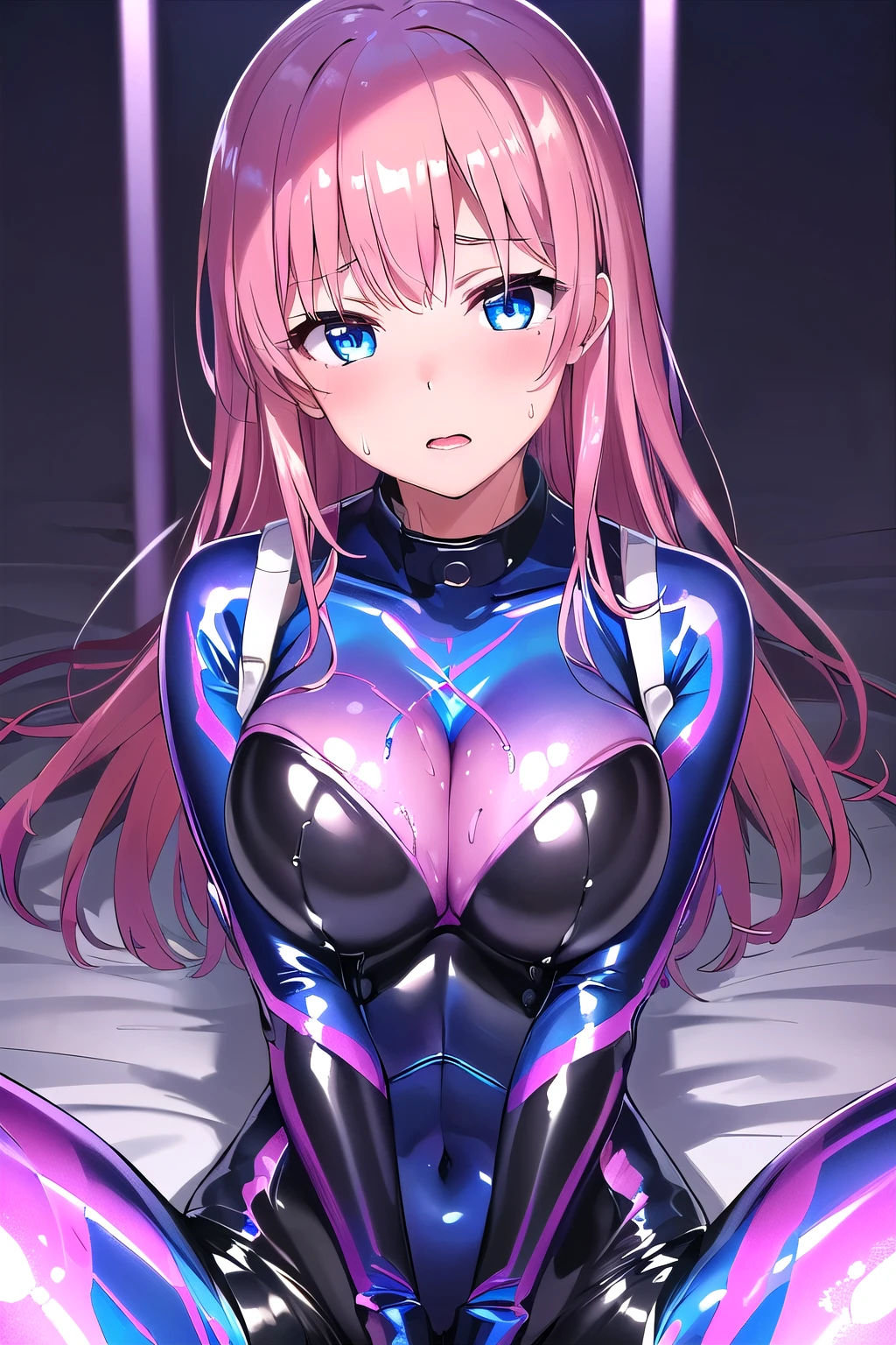 Erotic Tall, pink hair, curly hair, twin tails, drill, big breasts, adult, married woman Light blue sequin rubber suit, black background, hearts, bedroom, dark theme, evil, temptation, excitement, condescending smile, sexy pose, upper body emphasis, angle from below, white angel wings, angel, hands on knees