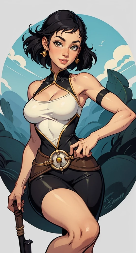 Brown skin female huge sexy trl face paint warrior short hair thick lips holding spear in jungle sunset cute face cheeks concept art