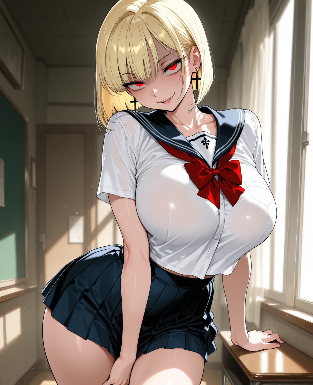score_9, score_8_up, score_7_up, score_6_up, uncensored, angelica, blonde hair, braid, hair bun, red eyes, BREAK (masterpiece:1.2), best quality, high resolution, (detailed eyes:1.3), perfect lighting, (perfect hands, perfect anatomy), large breasts, hearts, pleasured, 1girl, tail, breasts, black_gloves, gloves, navel, rating:questionable, looking_at_viewer, solo, skirt, pasties, standing, school_uniform, serafuku, thighhighs, parted_lips, revealing_clothes, short_sleeves, pleated_skirt, skirt lift, fundoshi, excessive pubic hair peek, seductive smile, sweating,