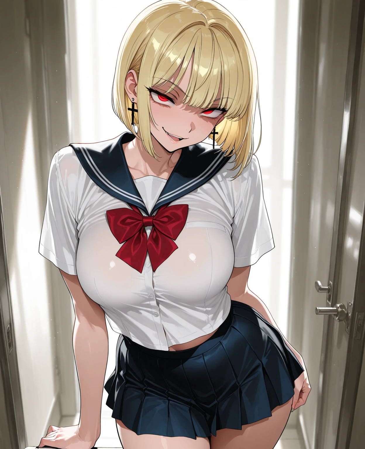 masterpiece, best quality, extremely detailed, 1girl, milf, solo, (dark skin, dark brown skin:1.8), elegg, (huge breasts), ((((hair intakes, multicolored hair), short hair, bangs, hair over one eyes, purple eyes))), parted lips, (((seifuku, blue sailor collar, long sleeves, long blue skirt))), ((light smile), closed mouth), ((school, indoor)) 