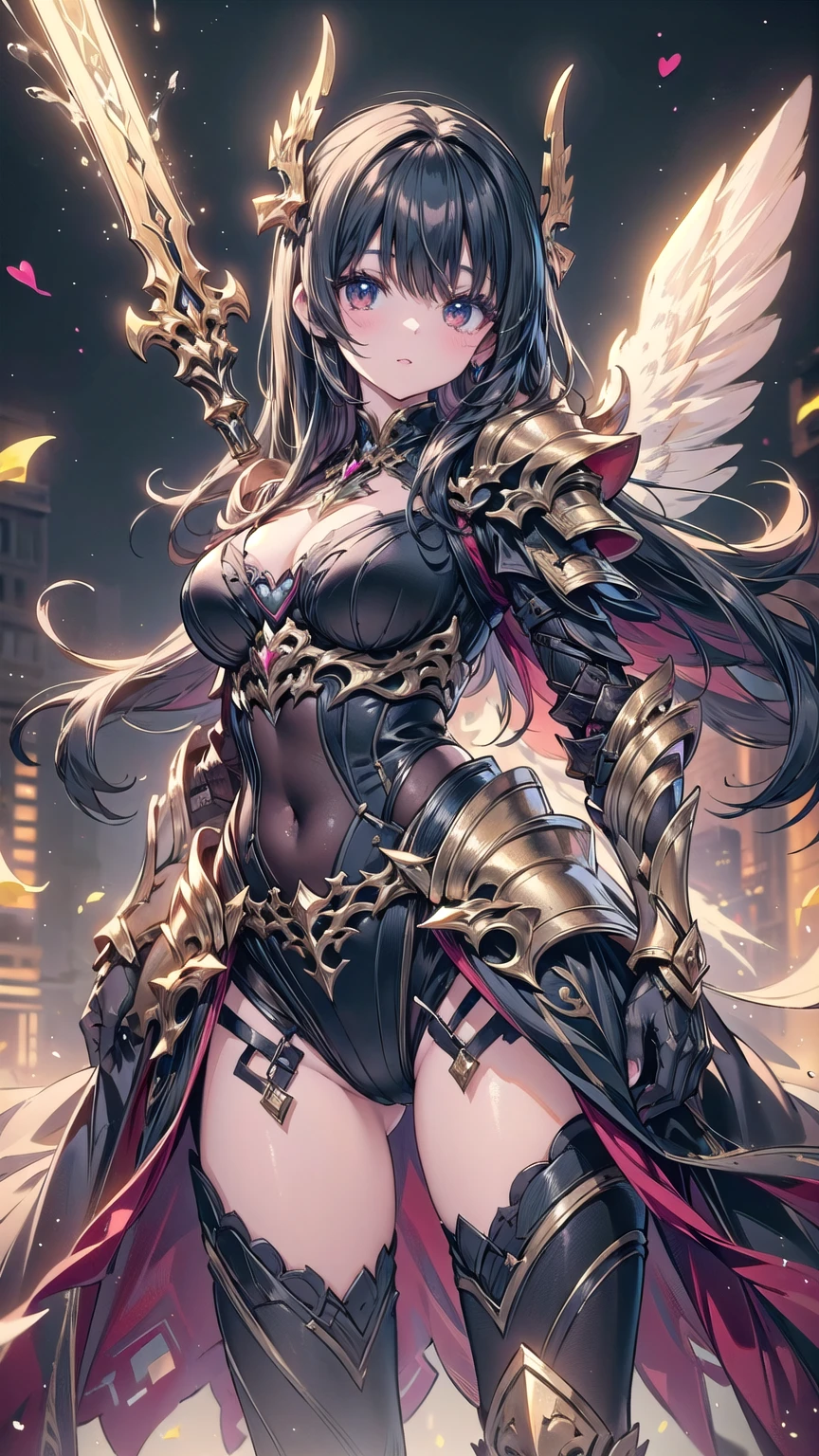 A majestic artwork of a graceful female paladin standing in a grand, medieval landscape. The full-body view reveals her adorned in exquisitely designed armor that combines elegance and strength. Her gleaming silver armor is intricately engraved with swirling patterns and symbols of protection and valor. The breastplate features delicate filigree and gem inlays, while her gauntlets and greaves are finely etched, catching the light with every movement. She wears an ornate, deep purple cape that flows gracefully behind her. Her long black hair is tied in a sleek ponytail, cascading down her back, complementing her regal appearance. Her striking amethyst purple eyes, filled with resolve and determination, enhance her beauty and strength. She carries a beautifully crafted shield, embossed with intricate heraldic symbols and protective runes, its edges reinforced with gold trim. In her other hand, she wields a formidable mace, adorned with intricate engravings and inlaid gemstones that shimmer softly. The background features a sprawling castle with tall spires against a dawn sky. Rolling hills and lush meadows stretch out before her, with a serene river winding through the landscape. Birds take flight in the early morning light, enhancing the sense of peace and anticipation. The paladin stands poised and ready, embodying both grace and power, a guardian of the land and a beacon of hope for all who gaze upon her. Her presence is commanding and inspiring, a true paragon of beauty and strength.