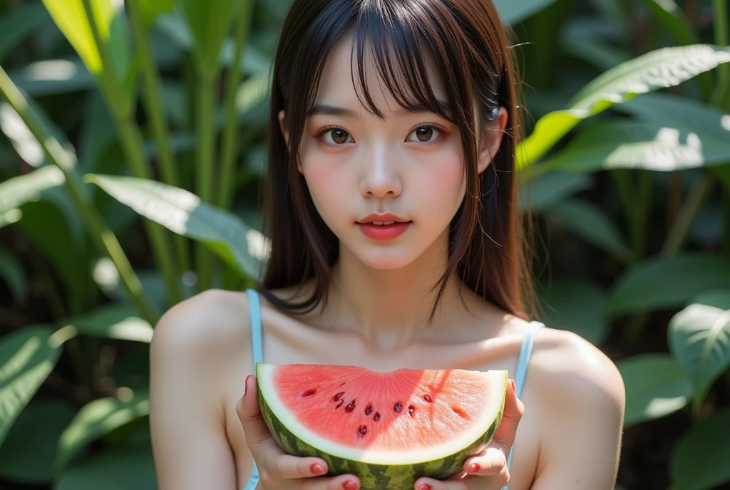 最high quality、high quality、best image quality、8K、最High resolution、High resolution、最high quality、masterpiece、Raw photo、whole body写真、Realistic human body in every detail、Realistic skin in every detail、Realistic face in every detail、Realistic eyes down to the details、Realistic lips in every detail、Realistic teeth in every detail、Realistic ears down to the last detail、Realistic hair down to the last detail、Realistic arms down to the last detail、Realistic reproduction of every detail、Realistic fingers in every detail、(fine hands、thumb１reference４)、Realistic feet in every detail、Realistic feet in every detail、Realistic breasts down to the last detail、((beautiful japanese girl))、(japanese model), (japanese woman)、((18 year old beautiful girl))、(black hair)、(random hairstyle)、((whole body))、((beautiful upturned chest))、(slim and perfect body)、(whole body光沢肌、Fair skin)、Detailed and realistic human body、detailed realistic skin、detailed realistic face、detailed realistic arms、detailed realistic fingers、Detailed realistic feet、detailed realistic breasts、soft natural light、tropical country、resort beach、beautiful sea、beautiful sandy beach、along the coast、Wave、((Lying on the sandy beach(You can see the sea in the background))、((Make a bandeau bikini using the outside of a real watermelon(Bandeau bikini simply tied to the outside of the watermelon))、((She is wearing a bandeau bikini shaped like the outside of a real watermelon))、((sweat dripping from the skin))、((The outside of a real watermelon sticks to your skin))、((Water dripping from a realistic watermelon outer bandeau bikini))、sexy pose、extreme close up