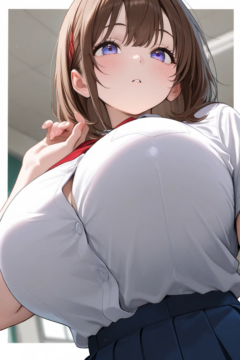 Highest quality、masterpiece、Big Breasts、Gym clothes with short sleeves、Short length、Small waist、Brown Hair、blue eyes