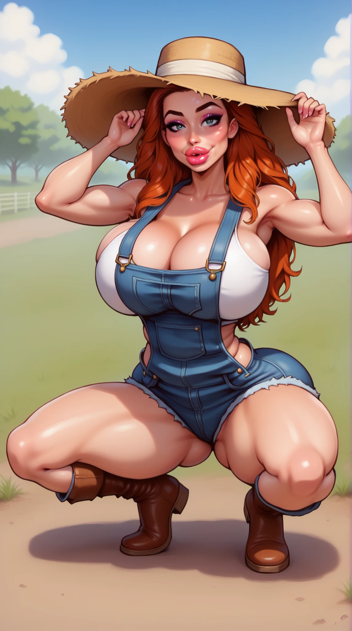 1girl, beautiful, perfect lighting, muscular, thick thighs, (gigantic breasts:1.5) (perky breasts) mature female, milf, navel, abs, looking at viewer (masterpiece, high quality:1.1) ,cowboy hat,((body freckles)),barn, (((white skin:1.1))), red hair, braids, brown short shorts, blue plaid shirt, skindentation, cleavage, grin, horses in background, sunset