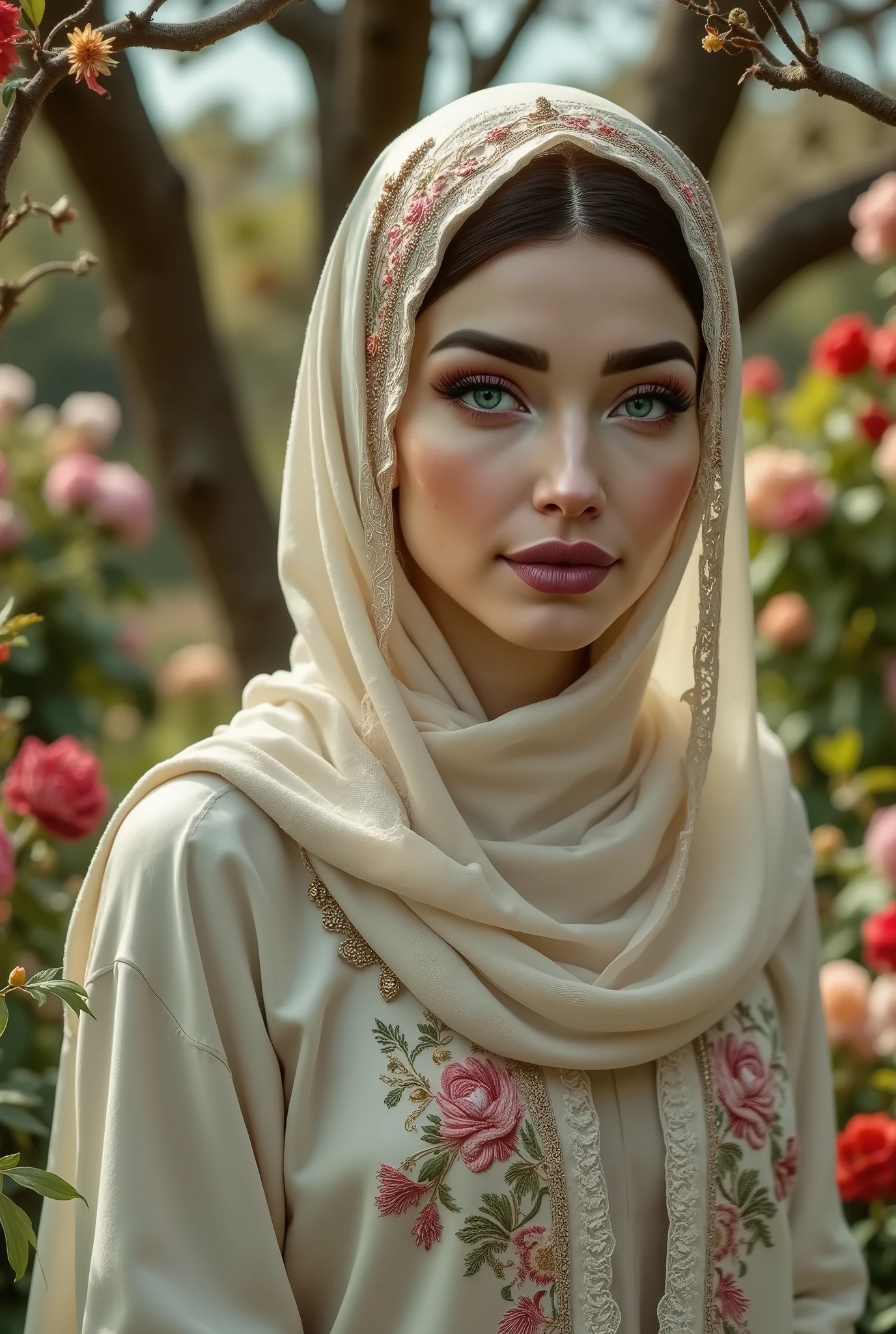 I want a very beautiful girl wearing a hijab in a garden