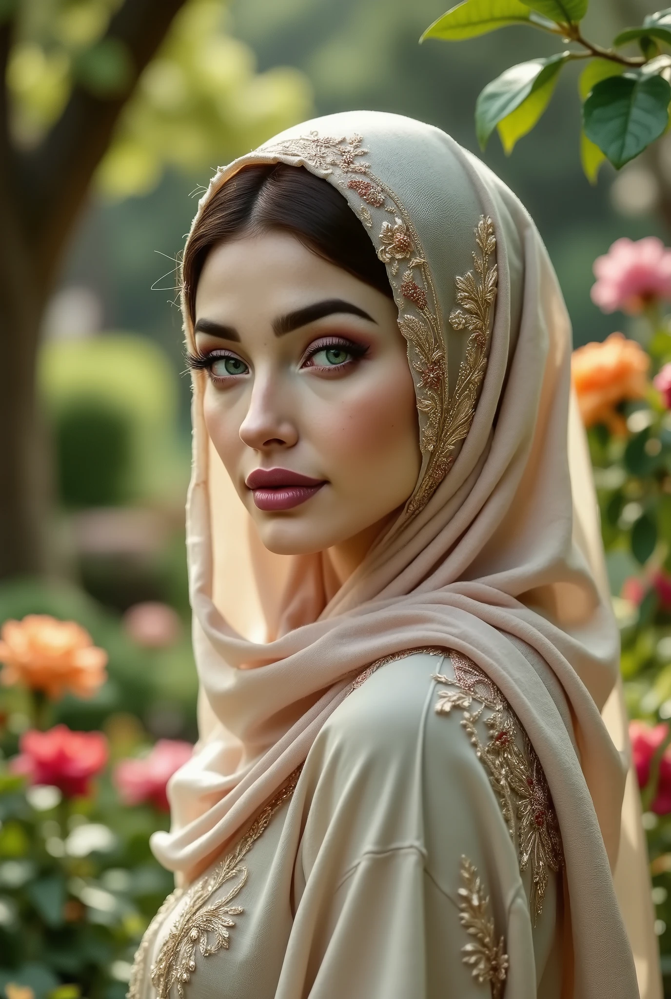 I want a very beautiful girl wearing a hijab in a garden