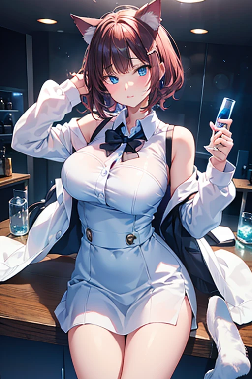 masterpiece,best quality,{{an extremely delicate and beautiful, best quality, masterpiece, extremely detailed CG, {{high quality}},perfect face, {{{space}}}, starry sky,{star},1girl,ray tracing,extremly detailed CG unity 8k wallpaper,dynamic angle,brown hair, long,hair,(((labcoat))),{{oppai loli}},{{{cleavage}}},{loli},{{{{striped bra}}}},{{white panties}},panties aside,large breast,light_blush, flying, smiling, star hair ornament,upper body,,