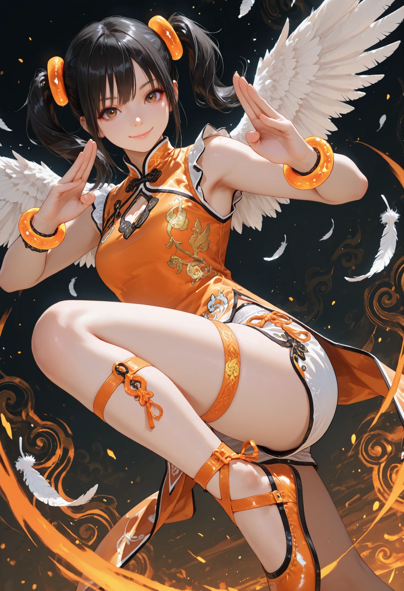 Xiaoyu, 1girl, twin tails, black hair, brown eyes, orange qipao, sleeveless qipao, Chinese dress, white feathers, Chinese symbol on chest, white shorts, black lining, ballet slippers, strapped footwear, shin straps, thick glowing bracelets, standing, abstract background, looking at viewer, detailed hands, cheerful smile, fighting pose, dynamic angle, attractive, beautiful, sexy, best quality, masterpiece, ultra detailed, very aesthetic