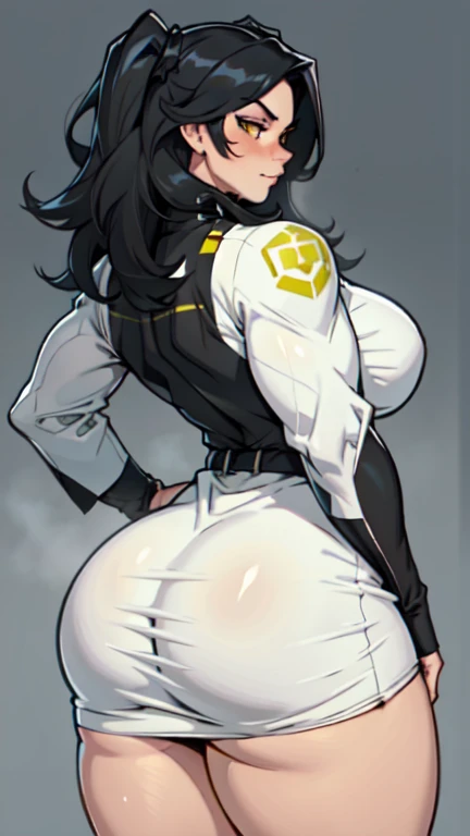 huge ass huge breasts huge thighs huge muscles muscular girl black hair yellow eyes pale skin skinsuit empty eyes sad