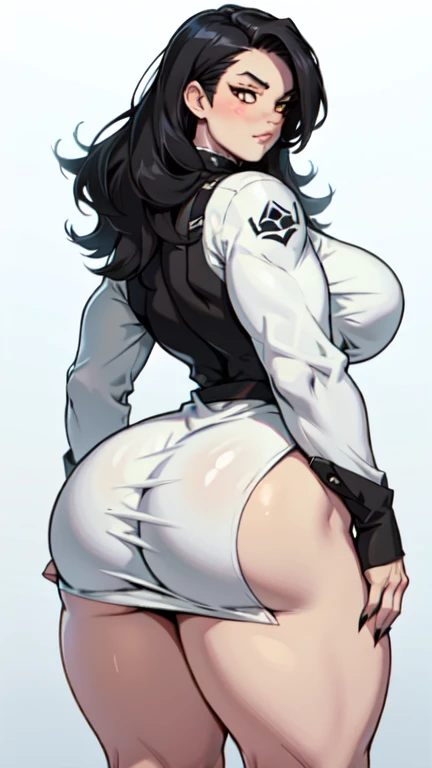 sundress long sleeve white dress girl muscular thick black hair yellow eyes pale skin from behind huge ass