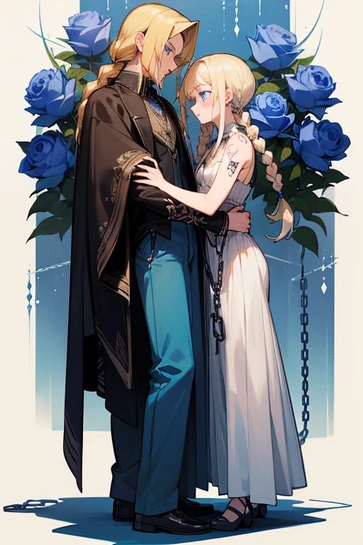 Beauty and the Beast, Beauty has green hair blue eyes and white skin, Man Beast has blonde blue eyes and dark skin, Garden of the dark night, moonlight,
