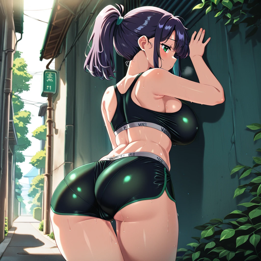 lily_entomach, 1girl, solo,tube top, spandex shorts, viking_helmet, ponytail, green hair, from behind, pulling down shorts, presenting hindquarters, ass,looking back at viewer, dark skinned female, outdoors, forest, pool