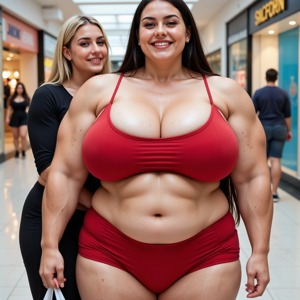 (4heads), 1body, feminine face, very pale white skin, no body hair, no facial hair, round face, face like meryl streep, large brown eyes,smiling, detailed eyes, thin pink lips, wearing a beanie, brunette, ponytail hair, big wide shoulders, toned arms,very fit, shimmer gold shimmer tank top, exposed shoulders, huge breasts,looking ahead, 20 years old, wide hips, ripped shimmer shorts, large butt, wide hips,super thick thighs,, photography, realistic,((((big bulge in pants)))), multiple breast, extra breast, six armed, six arms different positions, flexing,
