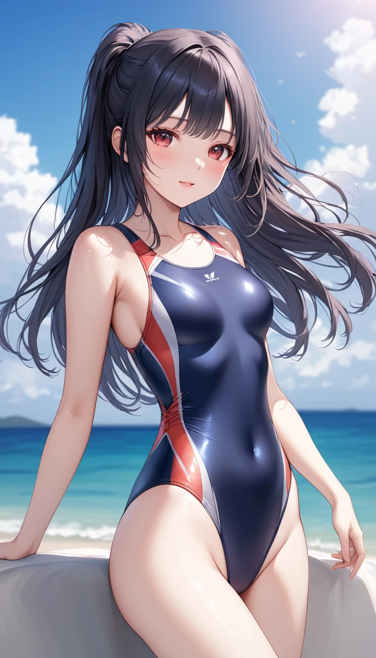 (masterpiece, best quality, 8k ultra high resolution:1.4), (Tropical, Beachside, Flowers: 1.4), depth of field, cinematic focus, from dramatic angle, emotional composition
BREAK
young kawaii girl, slender body, flat chest, provocative and smirk and love face expression, ultra detailed shiny skin, dark blue one-piece swimsuit, (wet and shiny detailed swimsuits: 1.2), wet and shiny thighs, perfect hip
BREAK
(realistic: 1.2), beautiful pony-tail hair, wind, detailed in the wind, petals dancing in the wind
BREAK
ultra detailed crystal eyes, bright red jewelry eyes