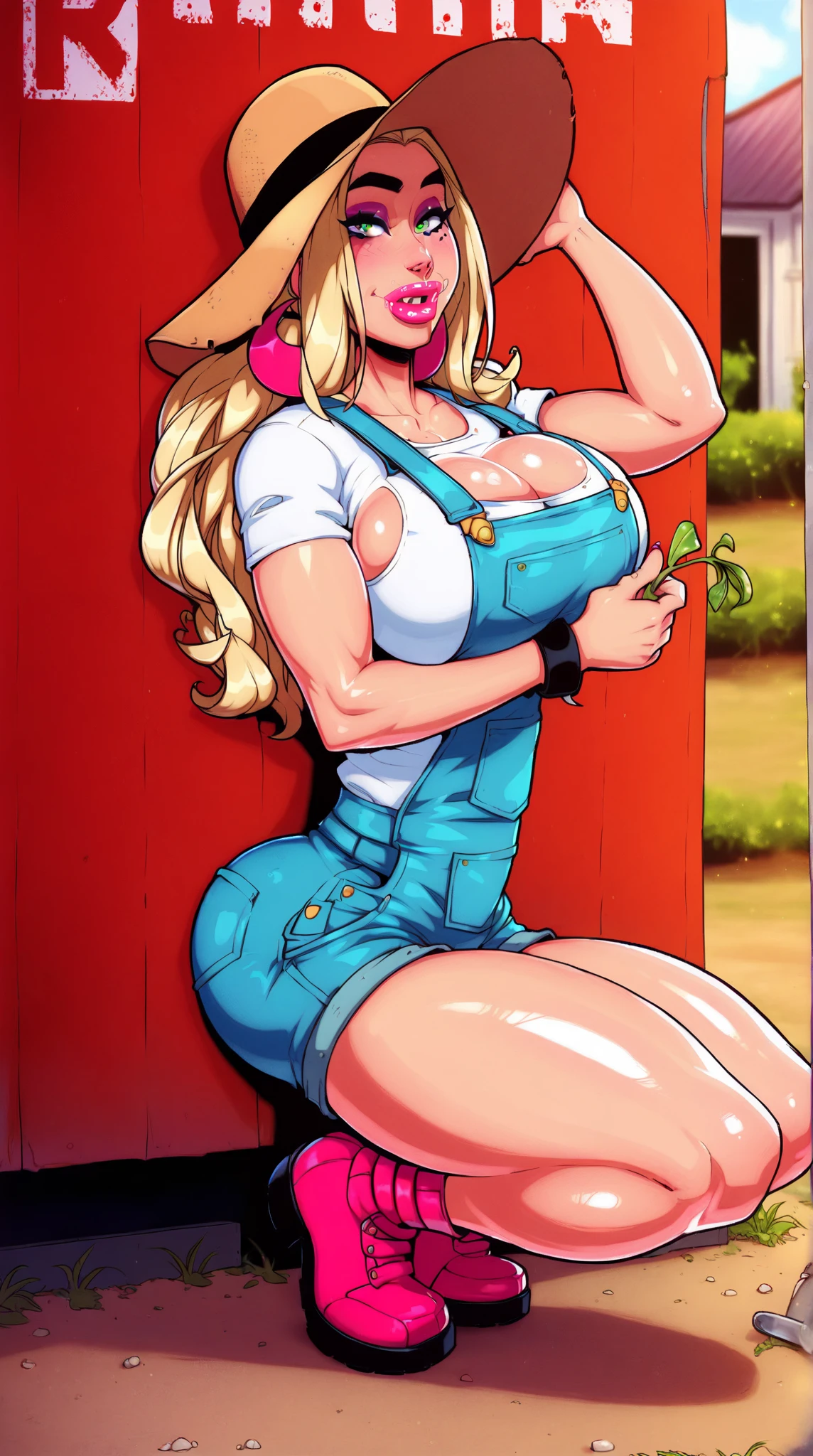 Masterpiece, ((8 0 s art style:1.4)), ((330 lb)), the beauty of a goddess, enhancer image, ultra-detailed face, ((front view)), provocative pose, blonde, ((braid)), caucasian, ((sex seductive look)), ((waitress blue outfit)), ((sleeveless)), (waitress hat), ((white apron)). ((sit)), ((on knees)), ((glossy skin)), ((oiled skin)), ((smiling)), ((MASSIVE MUSCLES)), ((RIPPED)), stunning, smooth, ((eyeliner)), (curvy:1.5), simetric, ((wide hips)), ((hourglass waist)), (epic penis), perfect proportions, red lips, ultra realistic, thick, cinematic light, ((diner background)), ((perfect eyes)), blue eyes, futanari, ((crowd:1.3)), ((massive lips))