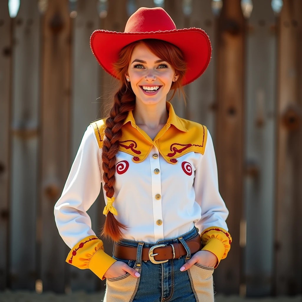 JessieWaifu, red hair, single braid, cowboy hat, shirt, animal print pants, belt, looking at viewer, smiling, standing, hands on hips, inside, hotel room, large bed, window, night time, high quality, masterpiece,  <lora:JessieTS_character:.7>