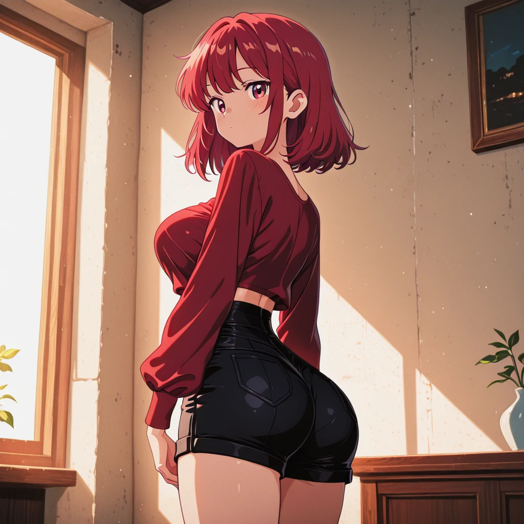 (masterpiece, best quality), 1girl, red hair, green eyes, best quality, masterpiece, looking at viewer, small breasts, crop shirt, thighhighs, sexy legs, white t-shirt, arms up, see-through, indoors, wide hips, striped panties, innocent wear,