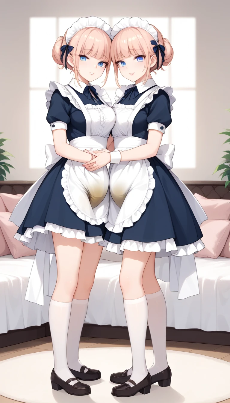 (((Pixel Perfect, Perfect in every detail,nsfw,,clothes lift,large breasts,light smile,dpubic hair,1 girl,black thigh-high socks))), alone, One girl, ((Ruka Sarashina)), Blue Ribbon, big , (Apron Maid), View your viewers, In the room, sitting