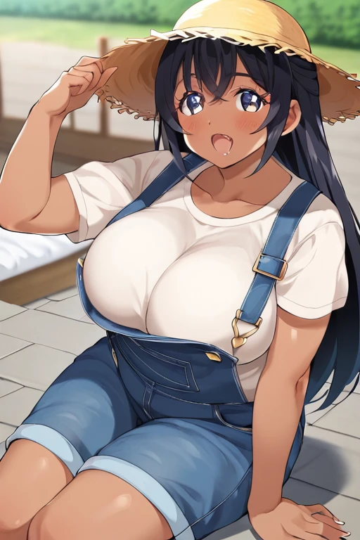 cute,black hair,big breasts,ponytail,POV,overalls,full body