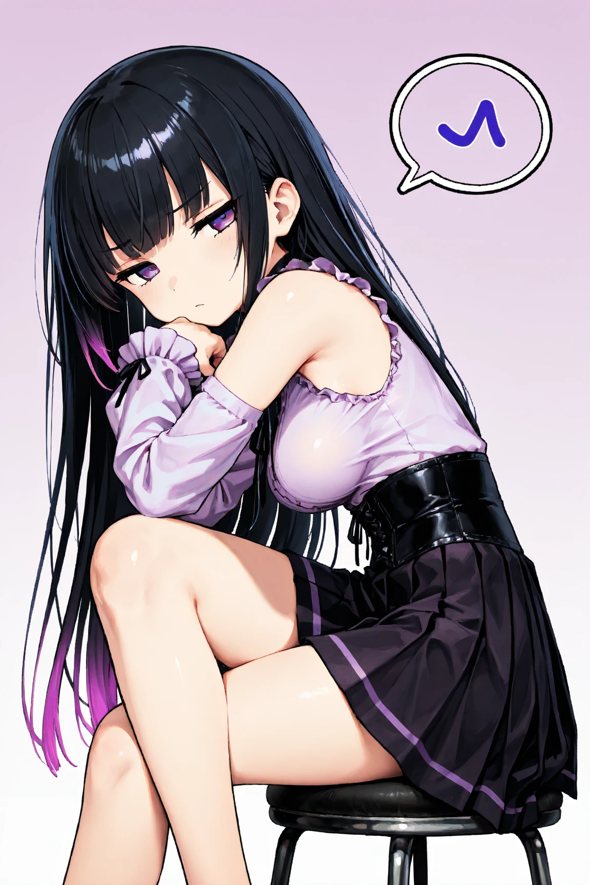 Teenage girl ((White skin)) ((purple eyes)) ((long hair, emo on one eye)) ((black hair)) ((Shy and blushing)) ((small breasts)) ((small hips)) ((lying in bed with the shirt slightly raised showing the abdomen)) ((slightly revealing skirt showing thighs)) ((expression of lust and excitement))