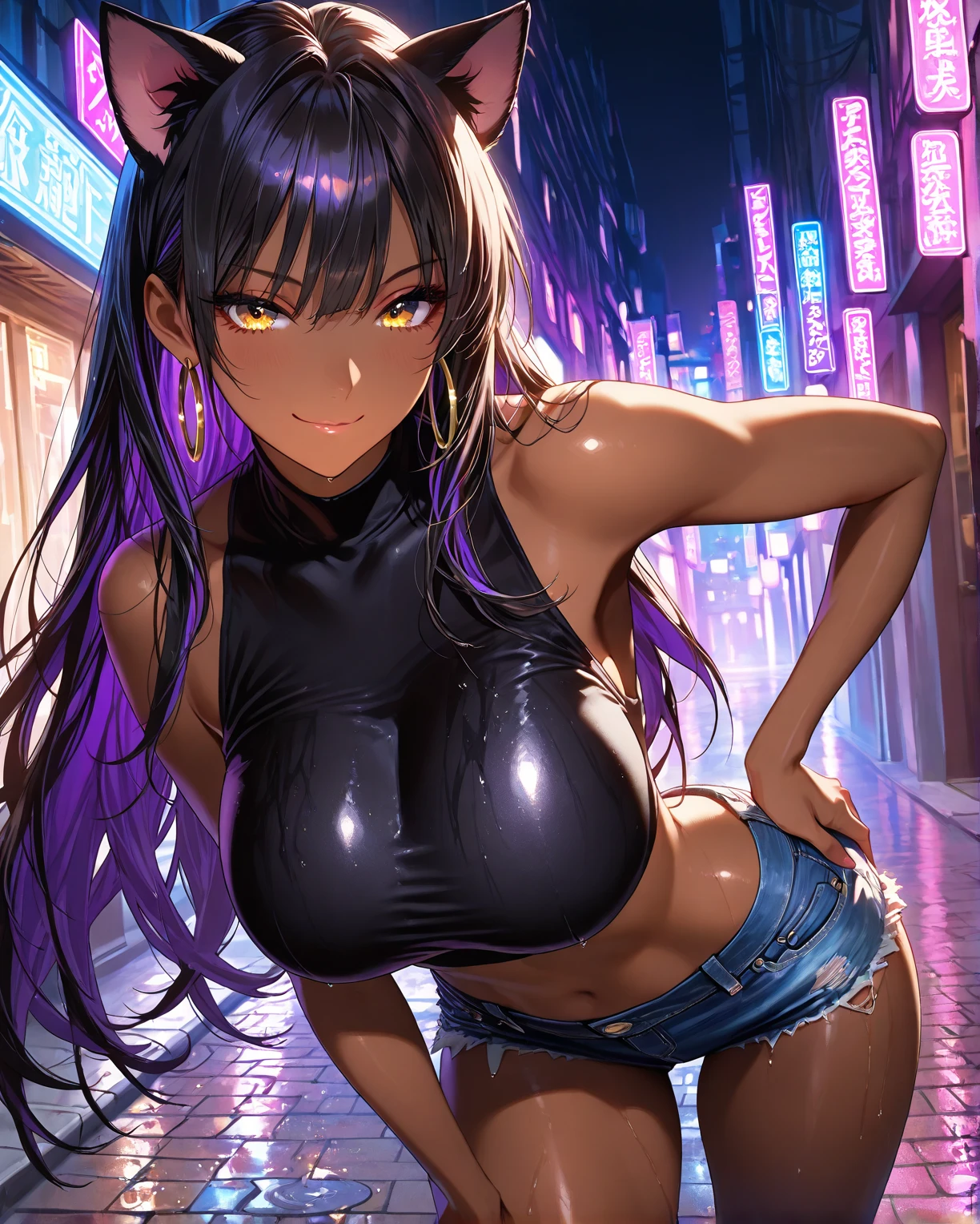 Photo ultra réaliste, Tout le corps, best quality, head of&#39;artwork, femme noire inspirée de Barbie, black skin, nice face, sexly, porter des jeans: 0.91 et sweat noir, Smooth and realistic skin, ultra realistic skin, neon pastel, nuit, dynamic lighting, on a street in Rio de Janeiro, (pose dynamique:1.10), (bonne compo:1.10), (subtle lighting:1.10), (Reward:1.10), ((Stunning:1.10:1.35)) , ( travail de jante :1.10), (highly detailed skin:1.2), (grain filmique:0.04), effets de particules, __Camera shooting_Models/sigma__, TYPE D&#39;NEWS, lignes de vitesse, (parfait beau jeune visage:1.10) , (rose :1.10)