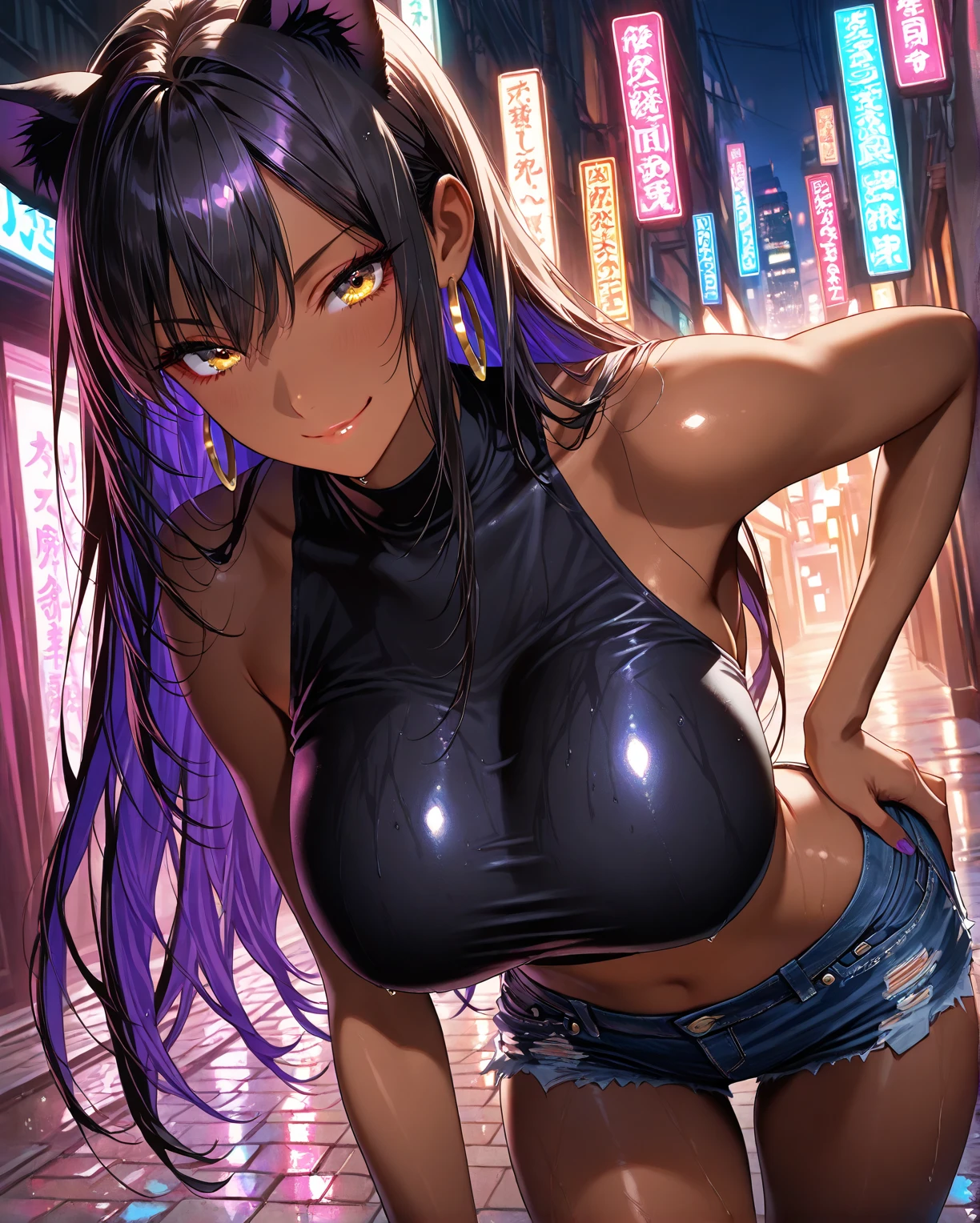 2 dark skinned girls, very detailed purple irises, topless, see through dress falling off, no panties, huge exposed tits, tits leaking milk ,covered in cum, 8k, highest quality, slave collar, dirty street corner, late at night, busy crowd around, heavy makeup, dark lipstick, sixpack abs, diamond jewelry, makeup running off, selfies, smiling, small waists, very young, raining, see through wet expensive dress, long pigtails hair, huge breasts