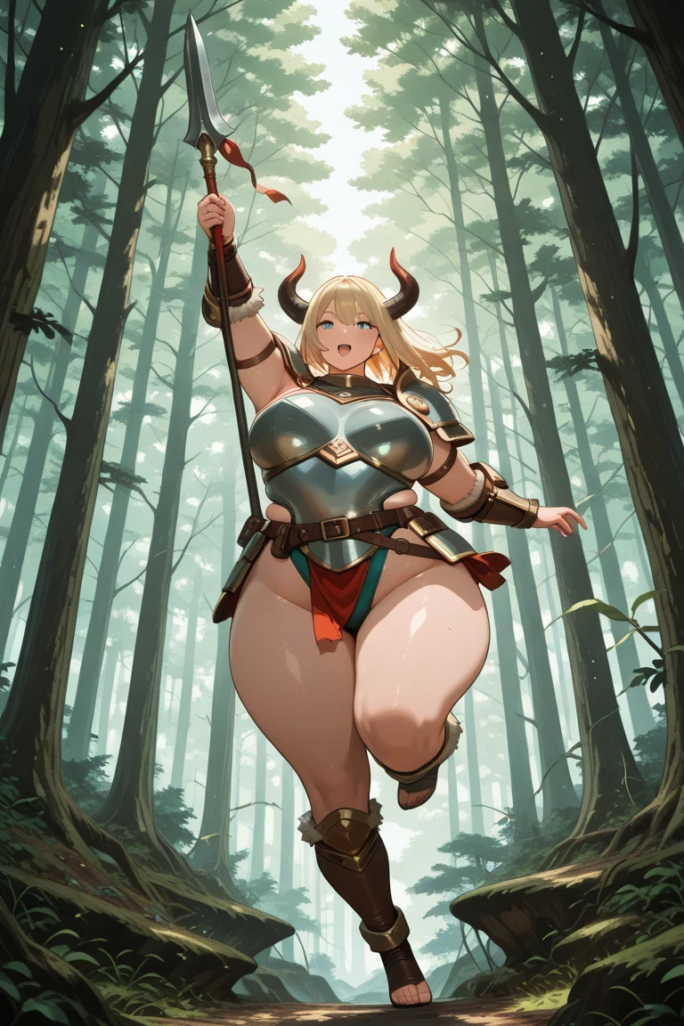 A woman wearing brown horns, long blonde hair, wearing white sleeveless shirt, white fur cape, short skirt, big breasts, brown eyes, walking on a dirt sidewalk, in a fantasy open forest, fantasy theme, smiling, big breasts, perfect face.UHD, masterpiece, accurate, anatomically correct, textured skin, super detail, high quality, best quality, 8k, high resolution, bokeh effect.( solo woman)