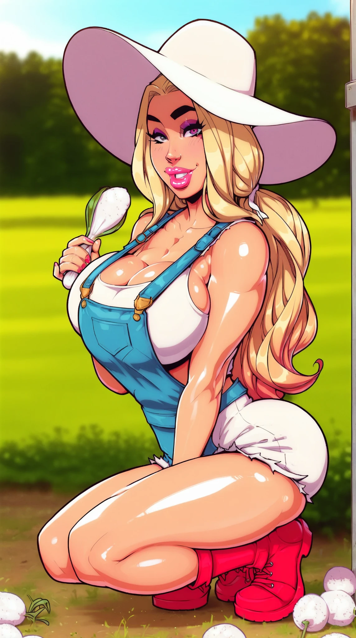 (best quality,4k,8k,highres,masterpiece:1.2),ultra-detailed,realistic,sexy high school girl with orange hair in a garden setting,beautiful detailed eyes, beautiful detailed lips,extremely detailed eyes and face,long eyelashes,flawless skin,pink panties peeking from under the skirt,gorgeous pink and black ,fitted skirt accentuating the curves,plaid pattern on the skirt,cropped white blouse,unbuttoned top buttons,large round breasts,confident and alluring pose,sunlight filtering through the trees,soft warm lighting,floral background, vibrant colors,portraits,high contrast,color grading with warm tones. Android 18,((cameltoe)), micro bikini