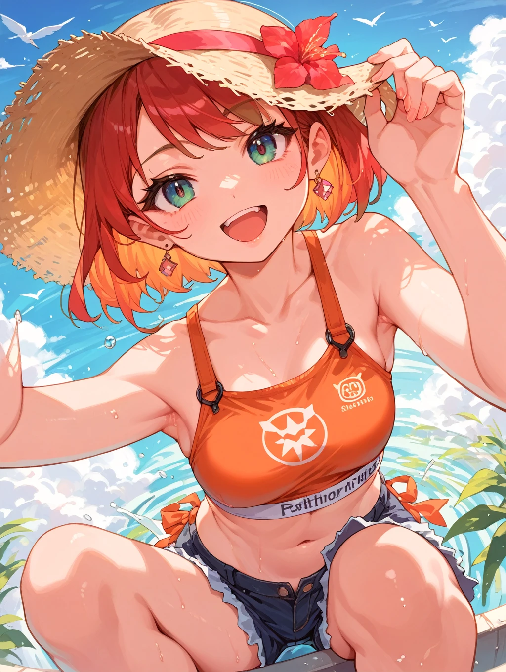 Hoshizora rin love live, realistic anime style, blue hoodie, open hoodie,bikini top,red shorts, beach, knee bent, ultra detailed ,v, smooth shiny skin,thick skin, orange hair, yellow eyes , love live