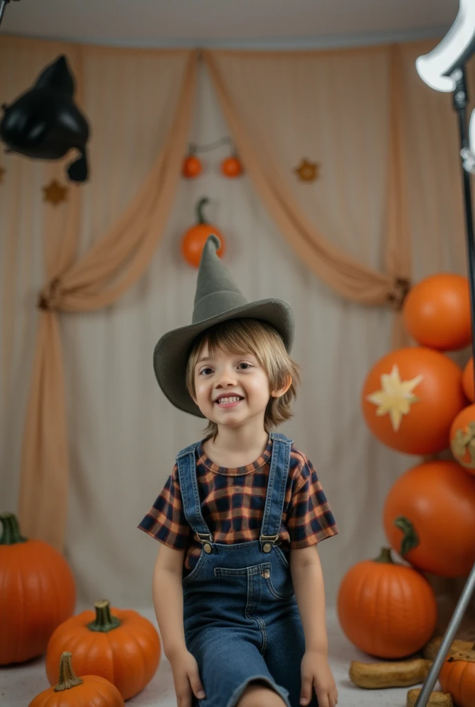 boy wearing halloween costume standing holding spooky pumpkin on bright blue background