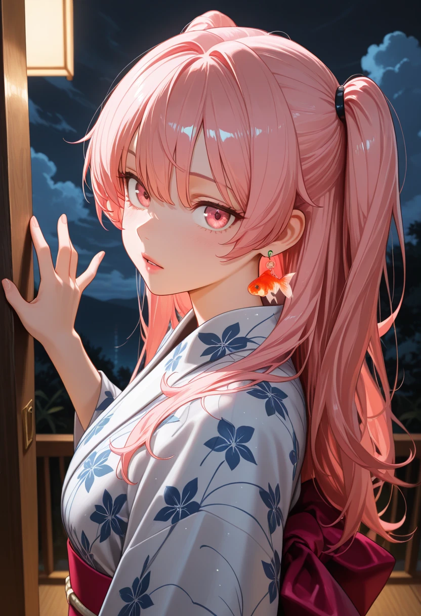 mature femal,baby pink hair,Flat eyebrows,Red-eyed pupils,Half-exposed breasts,Plump body,Translucent white gauze dress,Red sleeves,Red cheeks
