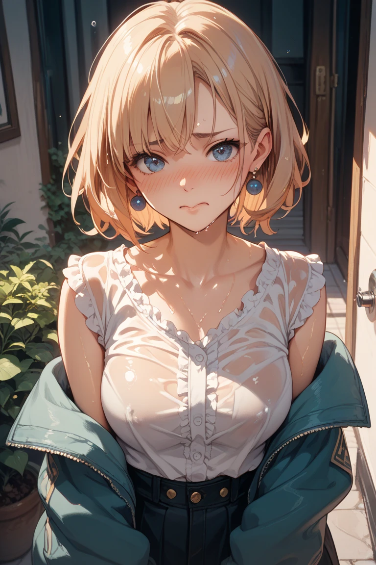 (Amazing art, master quality, extreme detail, amazing eyes), soaking wet clothing, fabric sticking to her skin, rainwater, rain droplets, water droplets, raining, black skies, midnight, very wet, Soaking wet, absolutely drenched, dripping wet with rainwater, droplets, heavy rain, storm, Pyjama shirt is wet through, the pyjama shirt is sticking to her skin, Very short caramel-blonde hair, gorgeous purple eyes, soaking wet hair, drenched hair, dripping wet hair, her hair is sticking to her face,  wearing absolutely nothing except for her soaking wet buttoned up pyjama top, she is naked, it is 2 am, very dark nighttime, only light source is a single amber streetlight that barely illuminates the girl, very small B-cup breasts, depressed, outside, street, path, pavement, sidewalk, 