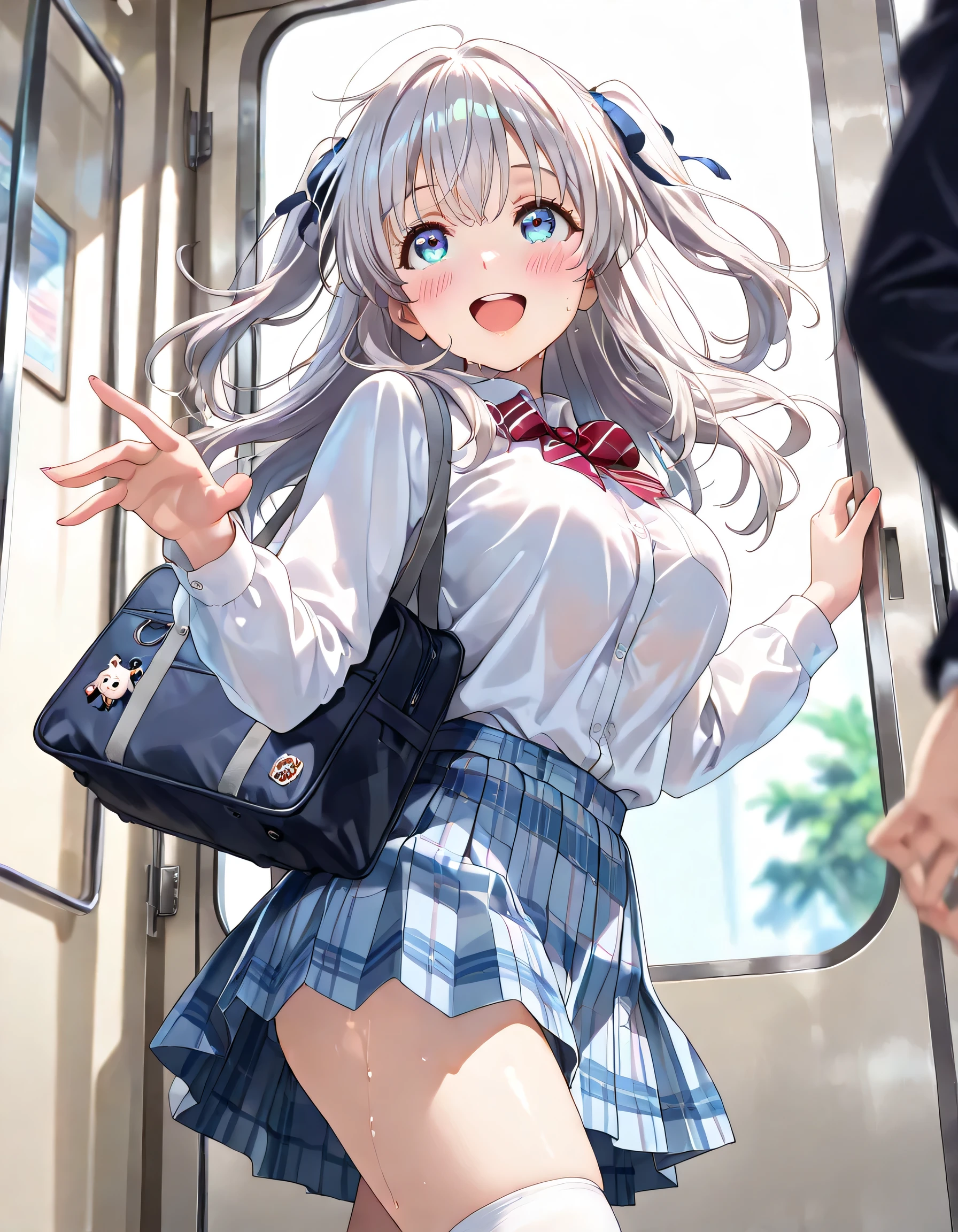masterpiece, best quality, skirt, bag, jacket, socks, looking at viewer,plaid, blazer, brown hair, plaid skirt, black socks, long sleeves, bangs, open clothes, open jacket, bow, brown eyes, pleated skirt, bowtie, day, long hair, bush, red bow, kneehighs, shirt, closed mouth, sleeves past wrists, backpack, hand on own face, red bowtie, black jacket, school bag, blush, brown skirt, blurry, collared shirt, miniskirt, white shirt, cardigan, grass, sweater, light smile,(Fully exposed panties:1.8)、(1 girl standing:1.5),nsrf,grabbing another's ass,short stature,(orgasm:0.8), BREAK lotr of people,(crowded train:1.8),(rush hour train:1.8),(man with office suit:1.7),BREAK (turn up the skirt:1.7),(shirt lift:1.7),(bra lift:1.9),(open the front of the shirt:1.5), (nipples:1.1), (chikan:1.9),(vaginal sex:1.5), (frying hands:1.1), (fresher:1.5),(16 years old:1.6),(curvy:1.5),zettai ryouiki,(cute panties:1.8),(white panties:1.9),(blue panties:1.1),(white bra:1.9), (turn up the brassiere:1.7), (misaligned brassiere:1.5),breast slip,breasts out, BREAK breasta_on_glass,povbrestgrab,(panties shot:1.5),(up skirt:1.5), grabbing another's breast,close contact with men,cohesive,(train:1.7), (surprised),(furious:1.5),(nose blush),(open clothes:1.3),(disordered shirt:1.1),(undressing:1.5), BREAK (from below:1.8),(cowboy shot:1.9),(dynamic angle:1.8),looking down,(spread legs:1.5),BREAK