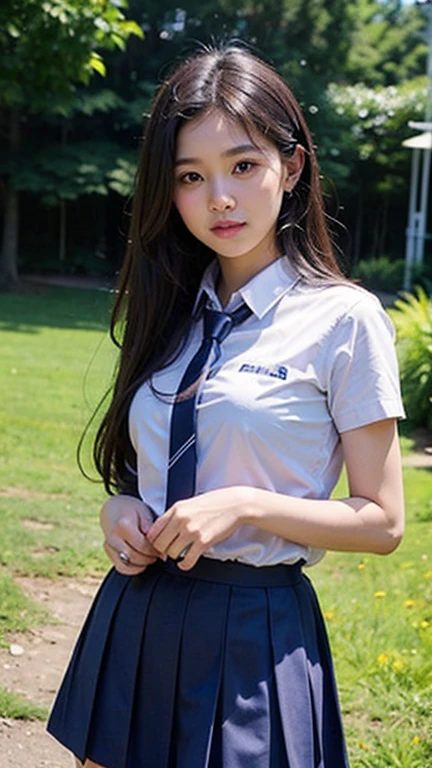 Japanese、18-year-old high school girl、Light blue shirt、Grey, black and red checkered mini skirt、Thick thighs、Crouching