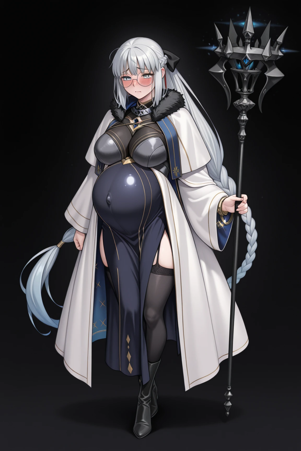 (masterpiece, best quality, highly detailed), 1girls, big belly, blurry background, huge belly, art by kipteitei, round belly, chubby, curvy, simple_background, gradient_background, belly grab, enormous belly, fat belly, thicc, bigger belly, really big belly, jiggly belly, shirt covering belly, belly cover by shirt, glasses, ((mommy)), casual clothes, skirt, thighhighs, ((full body)), long hair