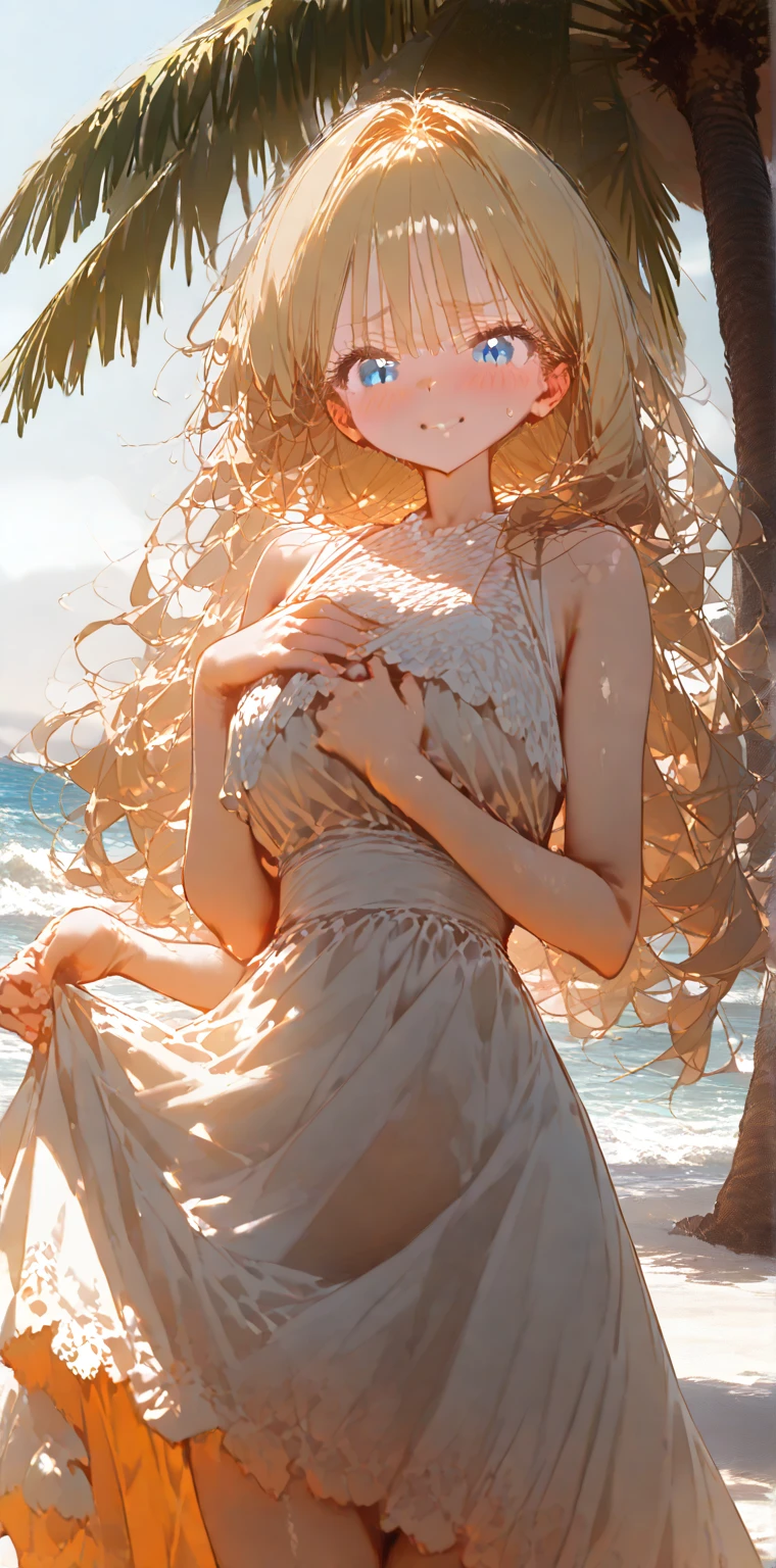#基本
女の子がphotographのポーズをとっている, ((One Girl)), (((:1.5)) + ((Child bode:1.3)) + ((cute:1.5))),
break
#Clothing Accessories
(White sleeveless one-piece dress:1.4), (barefoot), (Straw hat),
red gemstone earrings,
break
#Features
((Blonde)), (Curly hair), (ponytail : short hair + Full hair + Hair blowing in the wind),
(Droopy eyes, blue eyes), (Very small breasts),
break
#background environment
(noon, (Sunny tropical beach)),
#Facial Expression Pose
((smile + Teeth are visible + Laughing with your mouth open), (Wade into the sea up to ankle height, Splashing and playing)),
#composition
((To the camera, Focus from the front, Cowboy Shot)),
break
#Body parts elements Slim figure,
(Detailed Hair, Beautiful Hair, Shiny Hair),
(double eyelid, Long eyelashes),
(Expression of fine eyes, Beautiful and delicate eyes, Sparkling eyes, Eye Reflexes, Glitter Eyeliner),
(Human Ear),
(Beautiful Nose, Thin Nose),
(Glossy Lips, Beautiful Lips, Thick lips, Glossy Lips, Natural Cheeks),
(Detailed face, Symmetrical facial features),
(Detailed skin, Textured skin, Beautiful Skin, Glowing Skin),
break
#quality
(((最高quality)), ((masterpiece)), ((Very detailed))), ((High resolution)), (Photorealistic),
(Realistic, photo-Realistic:1.37), (Anatomically correct),
((RAWphotograph)), (8k), (photograph), (3DCG),