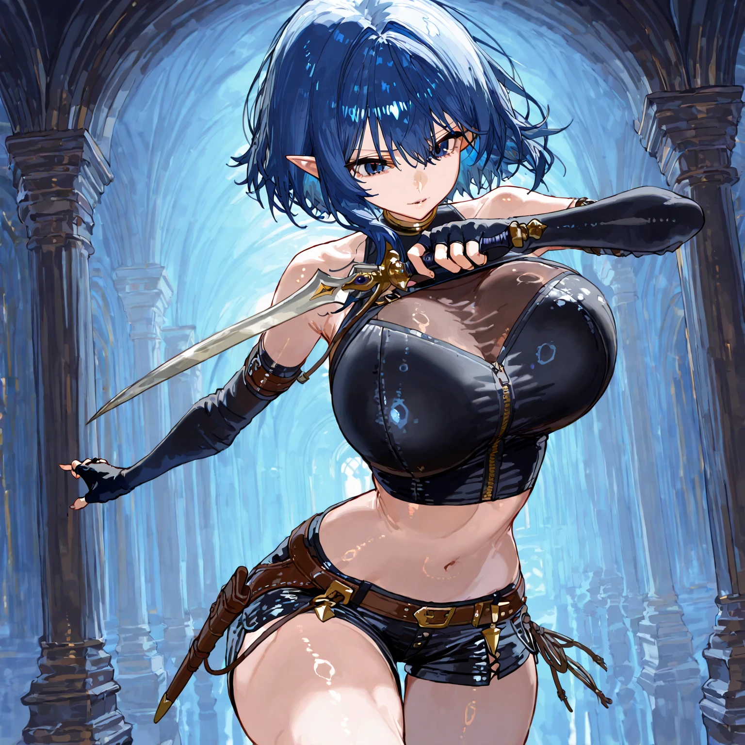 Young girl with a rebellious spirit, sporting short and tousled blue hair that perfectly complements her deep blue eyes. She stands tall, her small yet bold figure adorned with tattered and revealing clothes. Chains dangle from her wrists, symbolizing her entrapped state. Immerse yourself in a mystical fantasy world as you explore a captivating forest, revealing the secrets hidden within a dimly lit slave dungeon cell. (NSFW)