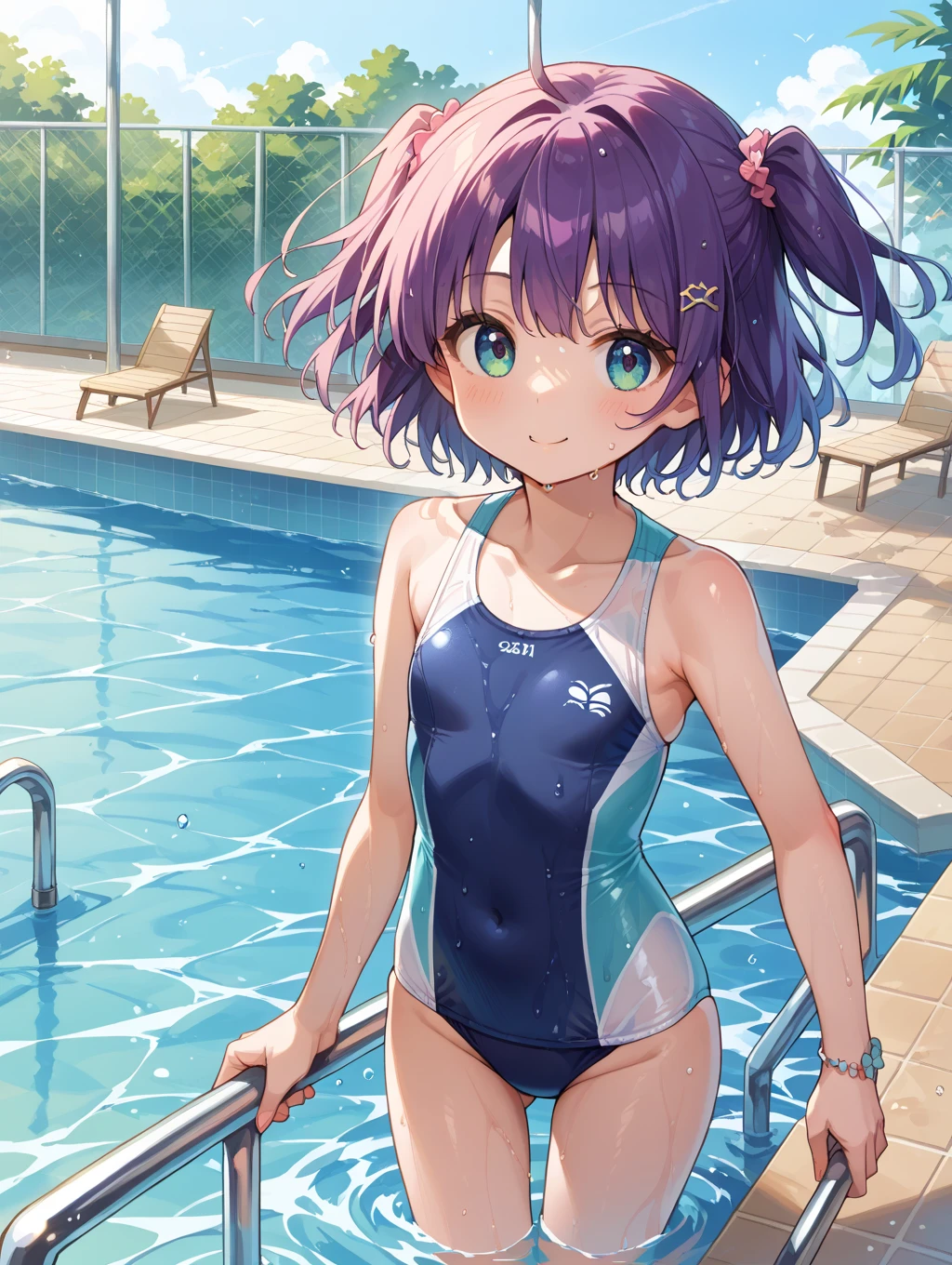 Highest quality、High resolution、Detailed Background、Beautiful face in every detail、Teenage beauty、Cute hair colors、Perfect body line、swimming、Olympic Stadium、The pool shines blue、The audience is filled with excitement、The sun is shining high、Elite athletes、Tone muscles、The swimmers line up at the edge of the pool waiting for the starting signal.、The players jump in together、Water splashes and swimmers swing their arms and kick their legs vigorously.、The water battle has begun、Healthy Beauty