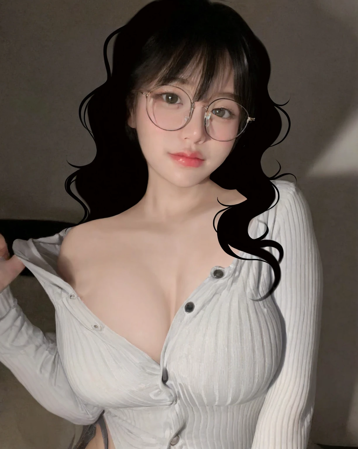 1girl, black hair, realistic, ultra detail, naked body, naked breasts, naked female body with naked breasts, breast with a big nipple, big boobs, big tits, perfect tits, perfect boobs, female with naked body, female naked body with glasses,