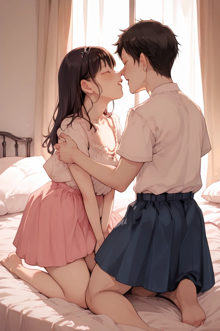 {{{masterpiece}}}, {{{best quality}}}, {{ultra-detailed}}, {illustration}, {{an extremely delicate and beautiful}}, (beautiful detailed eyes:1.6), extremely detailed face, 16k, visual anime de uma jovem mulher, extremamente bonito rosto de anime, anime melhor garota, anime face, NSFW, Mizuhara Chizuru(Rent-A-Girlfriend), chizuru ichinose, aachizuru, cute face, long hair, bangs, brown hair, (brown eyes:1.5), (one side up:1.5), braid, hair braid, medium breasts, thin waist, big hips, curvaceous, BREAK, neck ribbon, red ribbon, pink shirt, short sleeves, puffy sleeves, puffy short sleeves, white collar, mini skirt, pleated skirt, white skirt, barefoot, red high heels, BREAK, NSFW, A man and a woman are having intense sex that drives them crazy, ((1man and 1woman,having sex)), (SEX:1.5), (reverse suspended congress:1.3), Rear cowgirl position, straddle the waist, {{{vaginal penis}}}, hetero, sex with men, nipples, large penis, veiny penis, testicles, sex from behind, open vagina, clitoris, {{{grab thighs}}}, nail, spread legs, {{open vagina, spread pussy, pussy, clitoris glans, urethra, vaginal opening, labia minora, uterus, smooth pussy}}, taking off clothes, open clothes, Open shirt, breasts, nipples, lift up skirt, blush,open mouth, embarrassed, naughty expression, raise your legs, M-shaped spread your legs, uncensored,1boy, Handsome young man, hug behind, face-to-face, (tongue kiss:1.3), kissing, orgasm