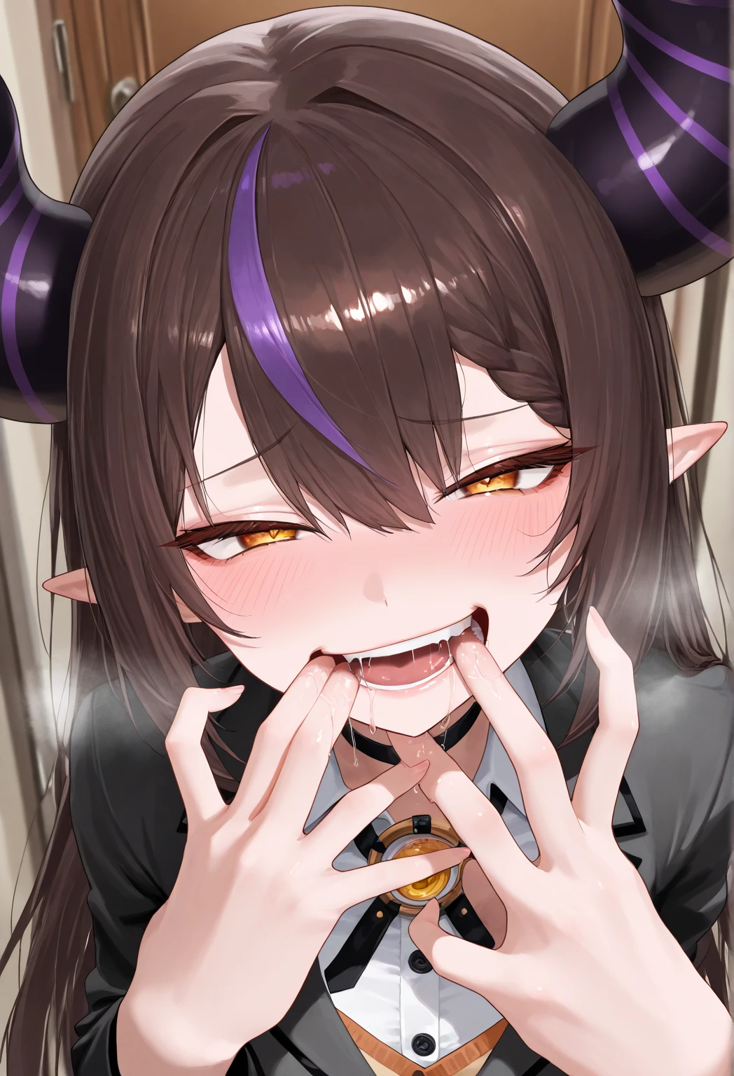 a succubus putter her fingers into an ash tray, cigarette ash on fingers, mouth wide open, tongue sticking out, ash on tongue, ash in mouth, pain, agony, devil horns, very skinny, large breasts, tons of cigarettes in ash tray