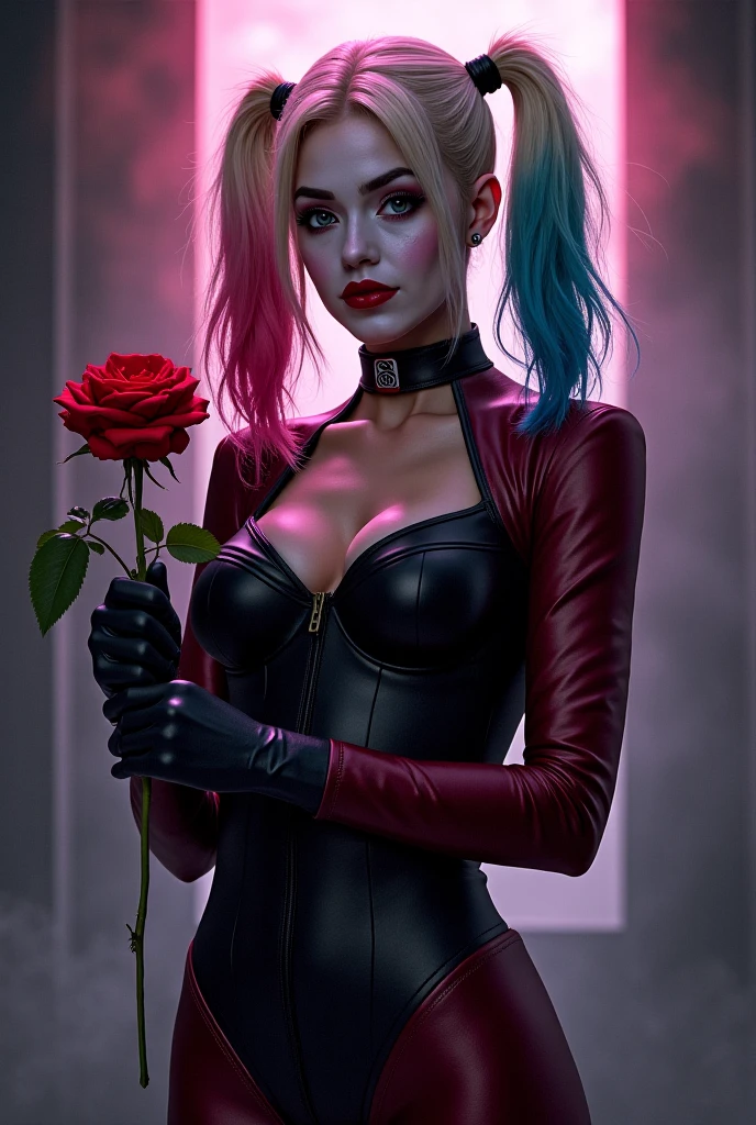 promoting a sense of movement and energy. The color palette is vibrant and bold, with a focus on Whit, Whit, and black tones. The lighting is dynamic, with dramatic shadows and highlights, enhancing the overall atmosphere of the artwork. The flowers in the fantasy world are diverse and abundant, ranging from delicate roses to exotic blooms, creating a visually stunning and enchanting backdrop. The girl's face is beautifully detailed, capturing the essence of Harley Quinn's mischievous yet alluring expression. Her eyes are mesmerizing, with striking colors and long eyelashes, highlighting her playful nature. The art showcases the girl's expressive lips, with carefully depicted details that emphasize her confident and seductive smile. The attention to detail extends to her clothing, with each fabric texture meticulously rendered to create a sense of realism. The red top and bra have a shiny, latex-like appearance, while the White  stockings have a smooth and sleek texture. The blue and red shorts have a vibrant and slightly metallic sheen, adding a touch of futuristic flair to the character's outfit. The bat in her hand is realistically portrayed, with intricate textures and dynamic movement, conveying a sense of power and determination. The overall composition of the artwork is carefully crafted, with the girl placed in the center of the frame, surrounded by the vibrant flowers and captivating scenery. The perspective is slightly tilted, adding a dynamic and cinematic feel to the composition. The background elements are beautifully detailed, with a mix of soft and sharp focus to create depth and visual interest. The art style is inspired by both concept art and traditional illustration, blending realistic rendering with stylistic choices to create a unique and captivating visual experience. The artwork aims to evoke a sense of wonder and enchantment, inviting viewers to immerse themselves in the magical world depicted. The colors are rich and saturated,with a balance