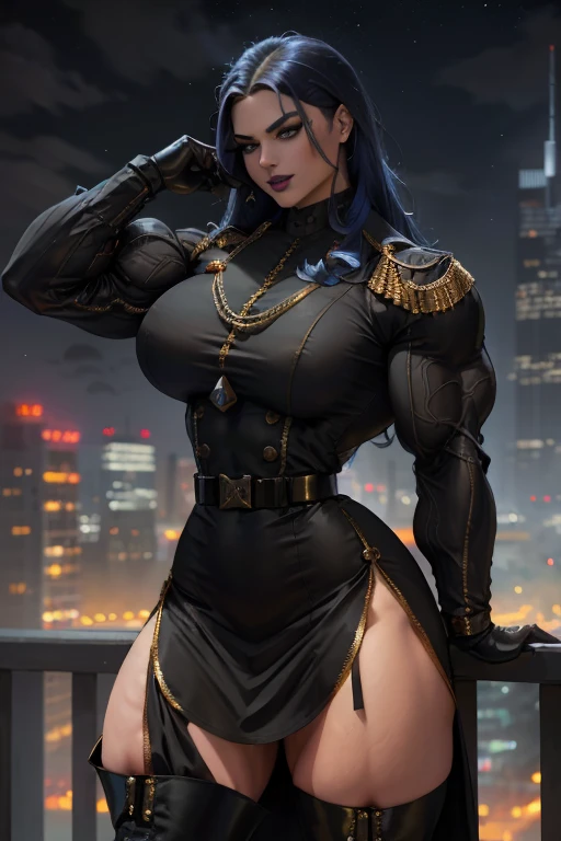 (Massive, beautiful, buff, pale white skinned muscular woman with v royal blue hair, black lipstick, ginormous bulky muscles), (((long leather coat))), spiked choker, (((leather shorts))), (((black corset))), corset, (long sleeve coat), (black lipstick), (leather shorts), choker, white eyes, spiked gauntlets, thigh high boots, (close view), massive muscles, hyper muscles, long curly wavy hair, (top of a dark dilapidated building surrounded by tsunamis), in a dark world, closed smile