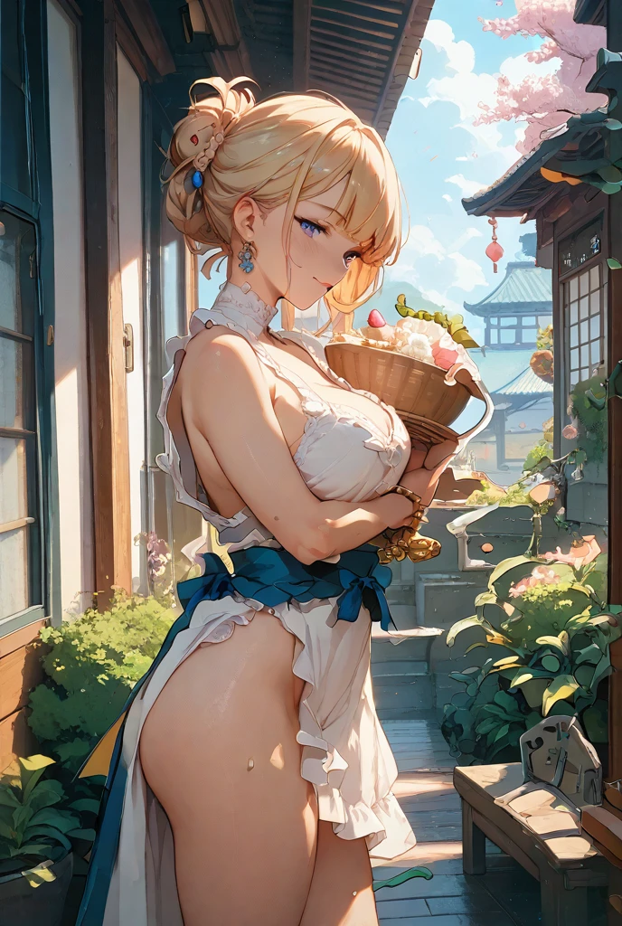 (from above:1.2),(from side:0.9),(A masterpiece of image quality in 8K),(Beautiful Allafed Woman),(((emphasizing breasts:1.1))),(Dynamic angles),(Dynamic and sexy bending pose:1.3),(sit a chair:1.1),(Short hair in shiny silver and orange inner colors,small full breasts,Disturbance of clothing due to movement,breast slip,(Ponytail twisted buns adorned with elaborate braids and beads,Braided Setup Fishbone Hair,),(see-through bangs),(perky chest:1.1), (pointed chest:1.3), small breasts、(((A white lace apron that shows your bare skin from under your small breasts)))、Blush with embarrassment、Enraptured eyes、A smile that beguiles the viewer、(Look back:1.7)、Look into the photographer,skin glistening with sweat,gazing at viewer,,(Professional Lighting),(8K,masutepiece,top-quality,Ultra-high resolution output image,),(Ultra HD with complex detail image modes),depth of fields,Beautiful hands,Beautiful fingers,Detailed finger features,(Detailed hair features:1.7),detailed facial features,detailed clothes features, (perky chest:1.1), (pointed chest:1.3), seductive weak smiling,(with sparkling eyes and a contagious smile),little open mouth,