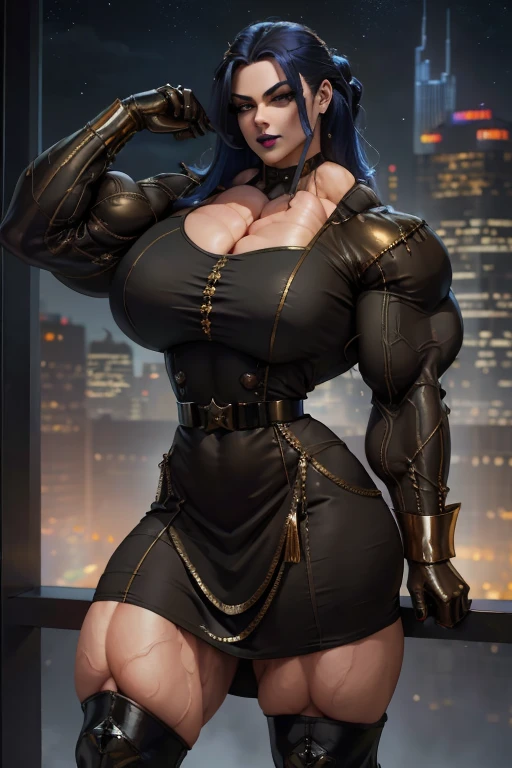 ((Close-up)), tall, (royal blue hair) beautiful muscular woman, long curly wavy hair, pale white skinned, closed smile, (black lipstick), (massive muscles), (hyper muscle), (ginormous bulky muscles), glowing white eyes, (((long black zipped jacket))) ((long black pleated skirt)), choker, boots, night in Scotland,