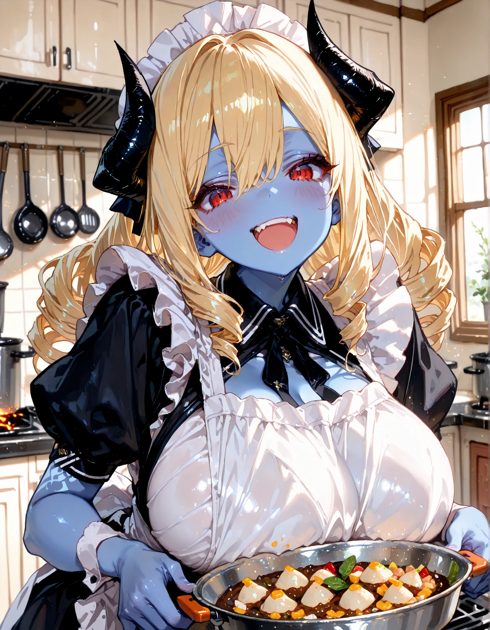 ZoMaid,pointy ears,yellow eyes,stitches,twintails,ash blond hair,
maid attire,bare shoulders,detached collar, from below,
standing,cleavage,smile,cleavage,
open restaurant,fantasy,
(insanely detailed, masterpiece, best quality),<lora:Maid:0.8>,